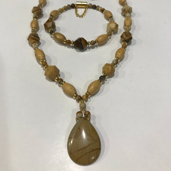 Jasper SET New Jasper Picture Necklace Bracelet Earrings Set Star Cut Handmade - Picture 2 of 11